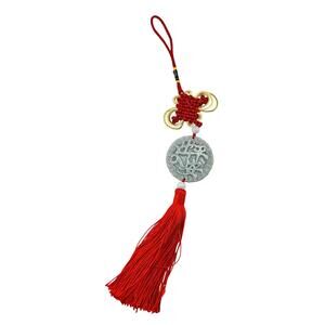 Carved Jade Longevity Good Fortune Fu Shou Chinese Red Tassel Car Home Charm